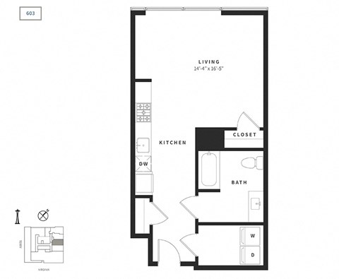 Floor plan for studio, 1 bath, 563 sqft